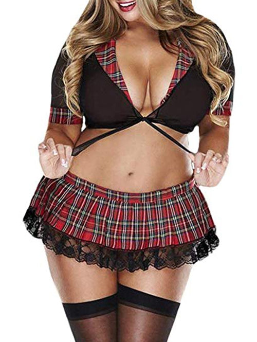 Plus Size Lingeries Sheer Plaid Wrap Top and Skirt