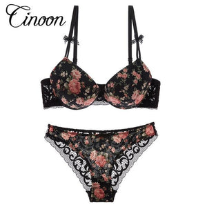 Printed floral design Women Bra   and Underwear set with silk lace